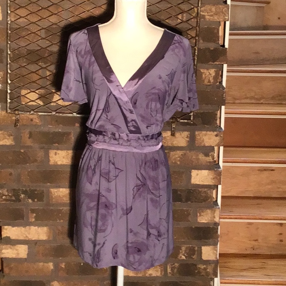 Daisy Fuentes tunic blouse purple floral ribbon waist 1X